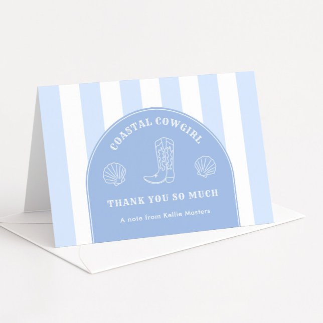 Tarjeta De Agradecimiento Foto de fiesta de soltera de vaquera costera elega (Modern arch blue and white Coastal Cowgirl bachelorette party thank you cards)