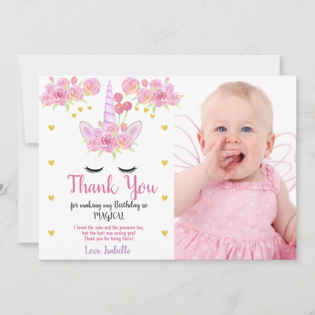 Tarjeta De Agradecimiento Foto de filial rosa de unicornio (Anverso)