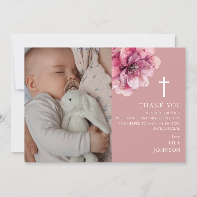 Tarjeta De Agradecimiento Foto de flor de acuarela rosa bautizo de bebé (Anverso)