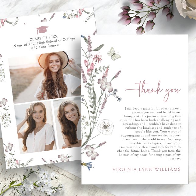 Tarjeta De Agradecimiento Foto de Flores Silvestres Pastel (Pastel Wildflowers Photo Thank You Card with Butterfly by Painted Paperie
)