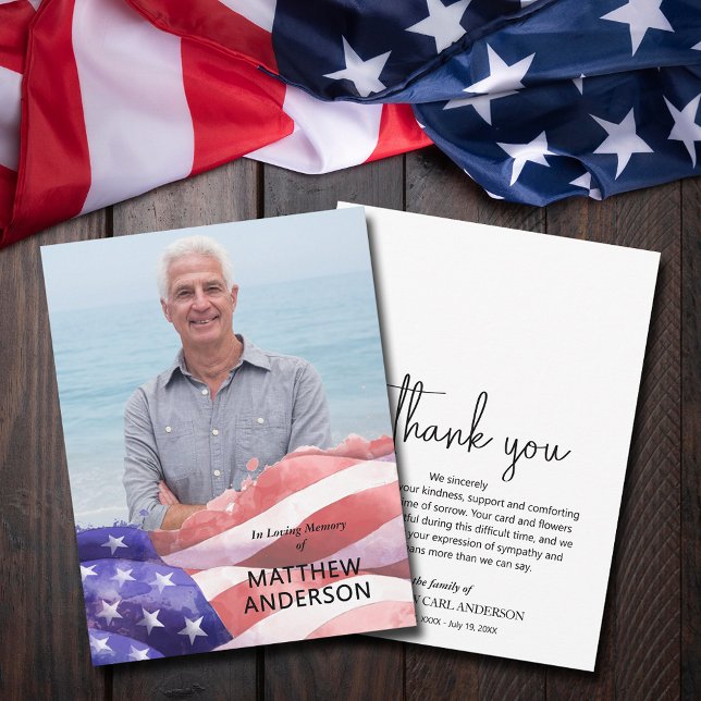 Tarjeta De Agradecimiento Foto de funeral de bandera de Estados Unidos (United States flag and photo funeral memorial flat thank you cards)