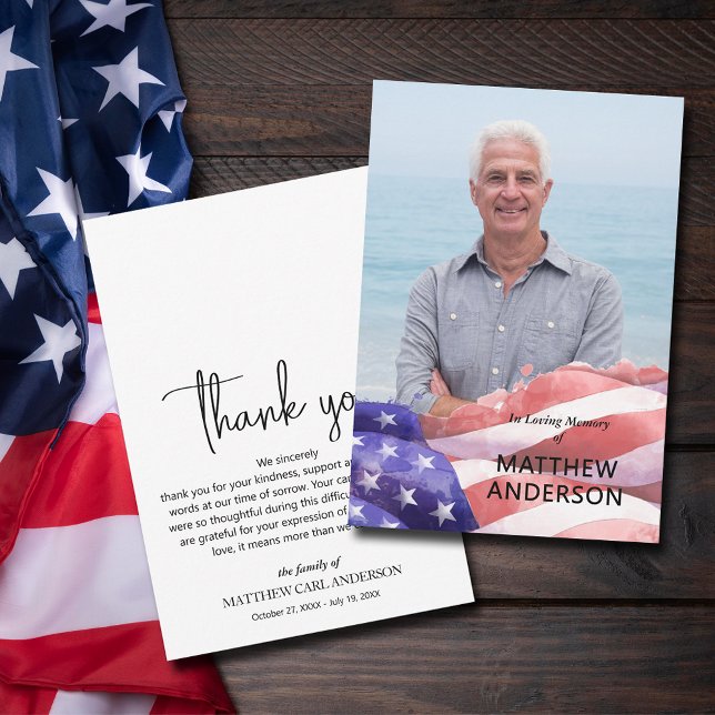 Tarjeta De Agradecimiento Foto de funeral de bandera de Estados Unidos (United States flag funeral photo flat thank you cards)