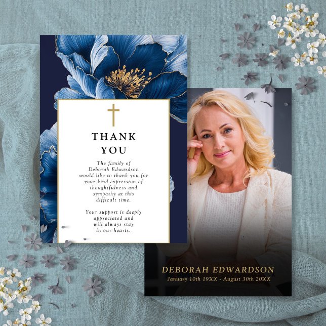 Tarjeta De Agradecimiento Foto De Funeral De La Celebración Azul Cristiana D (Christian Blue Celebration Of Life Funeral Photo Thank You Card)