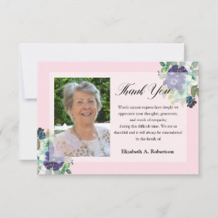 Tarjeta De Agradecimiento Foto de funeral Gracias flores moradas en rosa