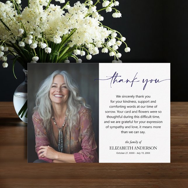 Tarjeta De Agradecimiento Foto de Funeral Simple (Funeral Thank You Card with your message printed over your loved one's photo, default size 3.5" x 5")