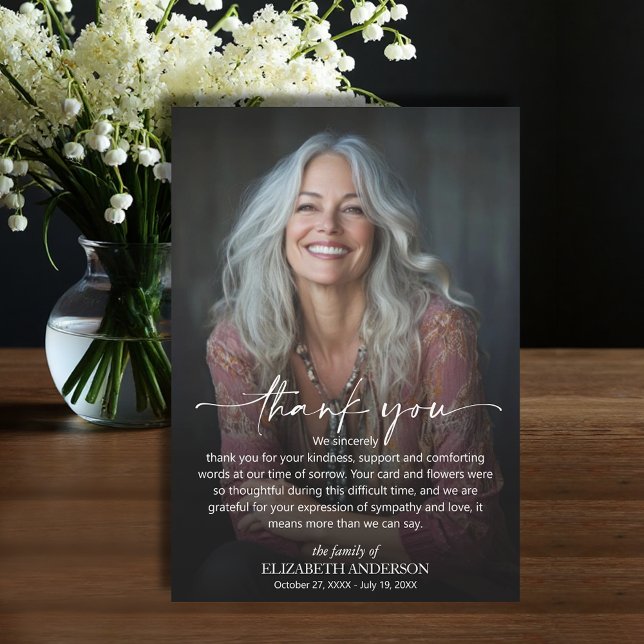 Tarjeta De Agradecimiento Foto de funeral simple (Funeral Thank You Card with your message printed over your loved one's photo, default size 3.5" x 5")