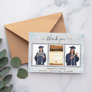 Tarjeta De Agradecimiento Foto de graduación azul plateado