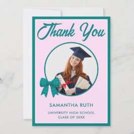 Tarjeta De Agradecimiento Foto de graduación con lazo de gingham azul