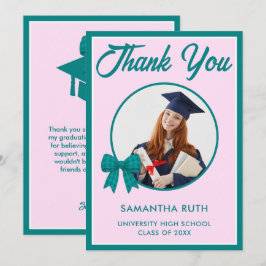 Tarjeta De Agradecimiento Foto de graduación con lazo de gingham azul