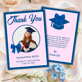 Tarjeta De Agradecimiento Foto de Graduación con Lazo de Gingham Azul