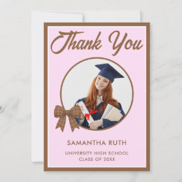 Tarjeta De Agradecimiento Foto de graduación con lazo de gingham marrón