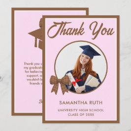 Tarjeta De Agradecimiento Foto de graduación con lazo de gingham marrón