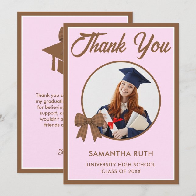 Tarjeta De Agradecimiento Foto de graduación con lazo de gingham marrón (Anverso / Reverso)