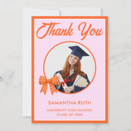 Tarjeta De Agradecimiento Foto de graduación con lazo de gingham naranja