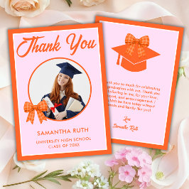 Tarjeta De Agradecimiento Foto de graduación con lazo de gingham naranja