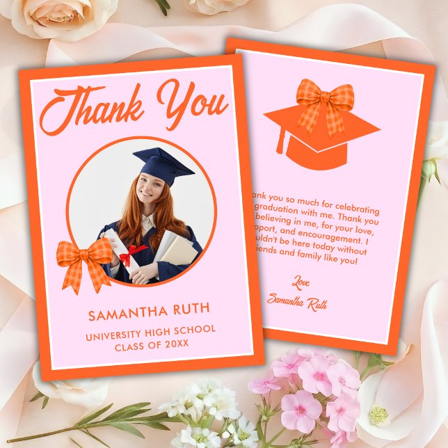 Tarjeta De Agradecimiento Foto de graduación con lazo de gingham naranja (Subido por el creador)