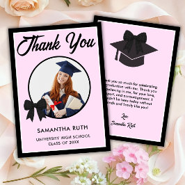 Tarjeta De Agradecimiento Foto de graduación con lazo de gingham negro