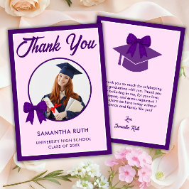 Tarjeta De Agradecimiento Foto de graduación con lazo de gingham púrpura
