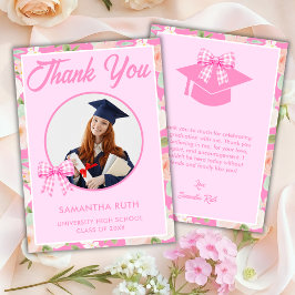 Tarjeta De Agradecimiento Foto de graduación con lazo de gingham rosa Wildfl