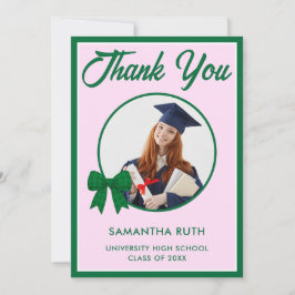 Tarjeta De Agradecimiento Foto de graduación con lazo de gingham verde