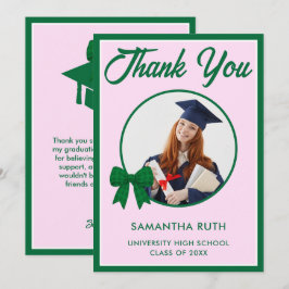 Tarjeta De Agradecimiento Foto de graduación con lazo de gingham verde