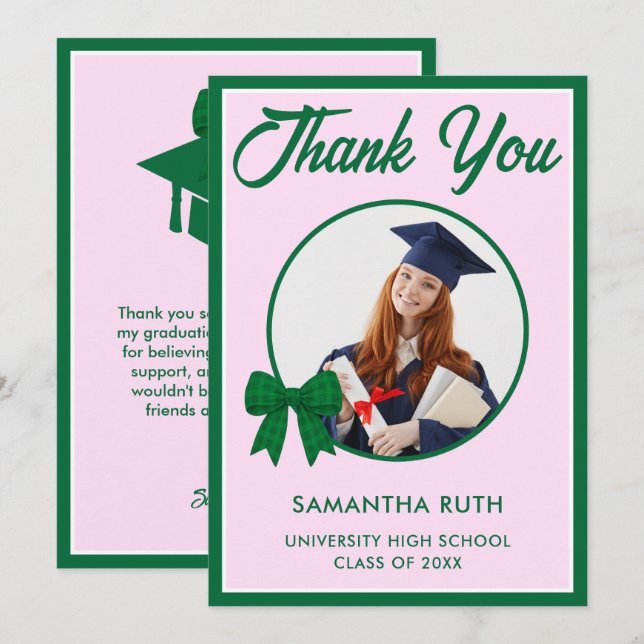 Tarjeta De Agradecimiento Foto de graduación con lazo de gingham verde (Anverso / Reverso)
