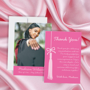 Tarjeta De Agradecimiento Foto de graduación Coquette con lazo y borla rosa 
