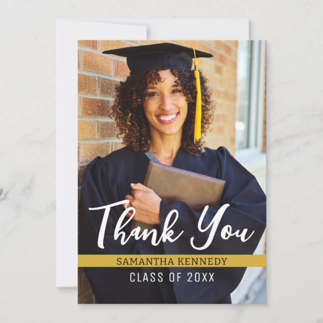 Tarjeta De Agradecimiento Foto de graduación de Black White Gold 2025 (Anverso)