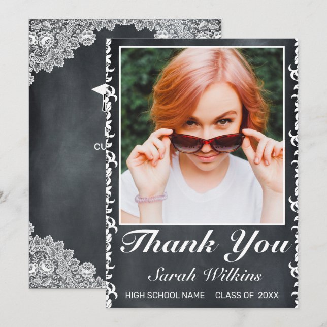 Tarjeta De Agradecimiento Foto de graduación de encaje blanco y pizarra (Anverso / Reverso)