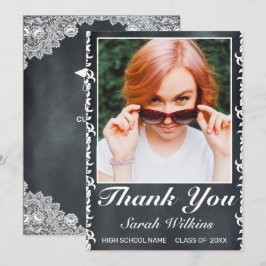 Tarjeta De Agradecimiento Foto de graduación de encaje blanco y pizarra