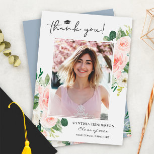 Tarjeta De Agradecimiento Foto de graduación de Floral Rosa Dusty Blue Rubor