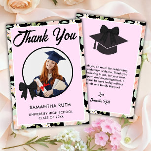 Tarjeta De Agradecimiento Foto de Graduación de lazo de gingham negro de flo