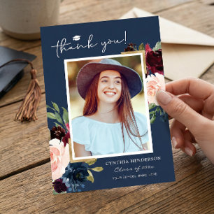 Tarjeta De Agradecimiento Foto de graduación floral azul de Rubor rojo borgo