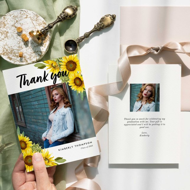 Tarjeta De Agradecimiento Foto de graduación Gracias guión de girasol (Subido por el creador)