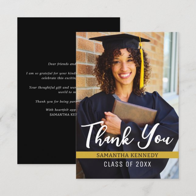 Tarjeta De Agradecimiento Foto de graduación moderna en negro y oro 2025 (Anverso / Reverso)