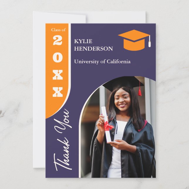 Tarjeta De Agradecimiento Foto de graduación moderna naranja púrpura (Anverso)