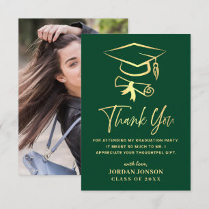 Tarjeta De Agradecimiento Foto de graduación moderna verde dorado
