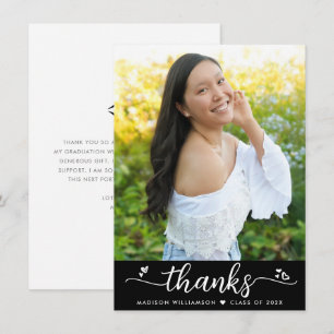 Tarjeta De Agradecimiento Foto de graduación negra con elegante letra modern