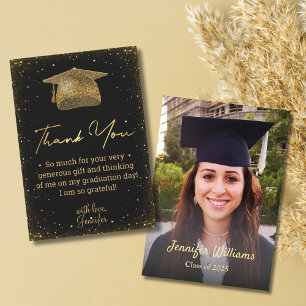 Tarjeta De Agradecimiento Foto de graduación negra con letra dorada elegante