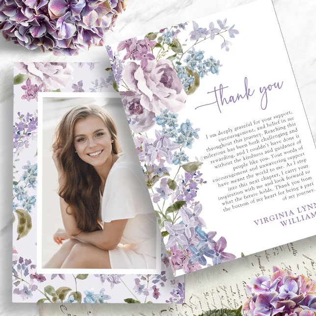 Tarjeta De Agradecimiento Foto de graduación púrpura (Purple Graduation Photo Thank You Card Picture on back by Painted Paperie
)