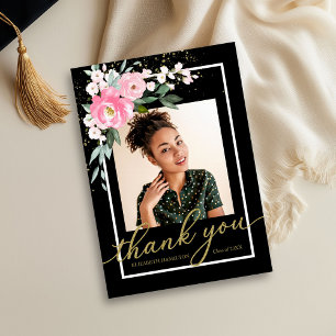 Tarjeta De Agradecimiento Foto de Graduación Rosa Brillante Floral Agradecim