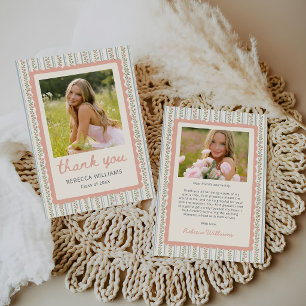 Tarjeta De Agradecimiento Foto de graduación vintage retro rayas florales