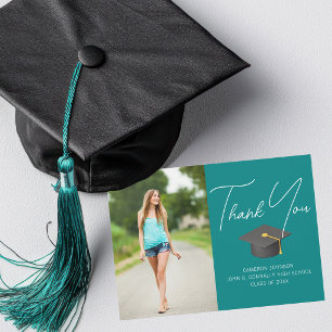 Tarjeta De Agradecimiento Foto de graduado en azul turquesa Chic Personaliza