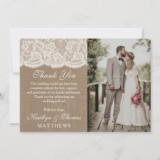 Tarjeta De Agradecimiento Foto de la colección de Bodas Burlap & Lace (Anverso)