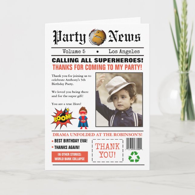 Tarjeta De Agradecimiento Foto de la fiesta de cumpleaños del superhéroe del (Anverso)