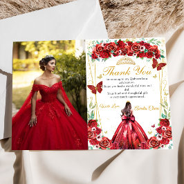 Tarjeta De Agradecimiento Foto de la princesa floral Roses rojos Quinceañera