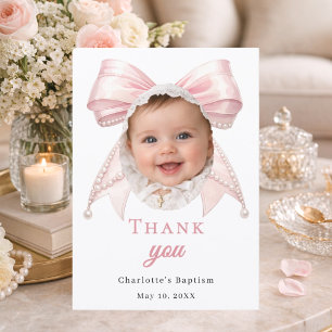 Tarjeta De Agradecimiento Foto de lazo rosa de bautizo perlas niña