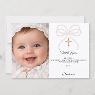 Tarjeta De Agradecimiento Foto de lazo rosa perlas niña Bautizo