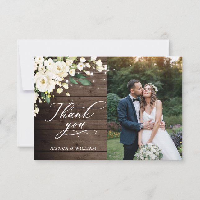 Tarjeta De Agradecimiento Foto de Linterna floral de rosas blancas y maderas (Anverso)