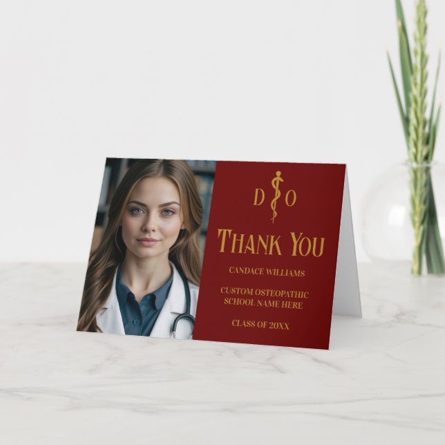 Tarjeta De Agradecimiento Foto de Médico Osteopático Maroon Gold (Anverso)